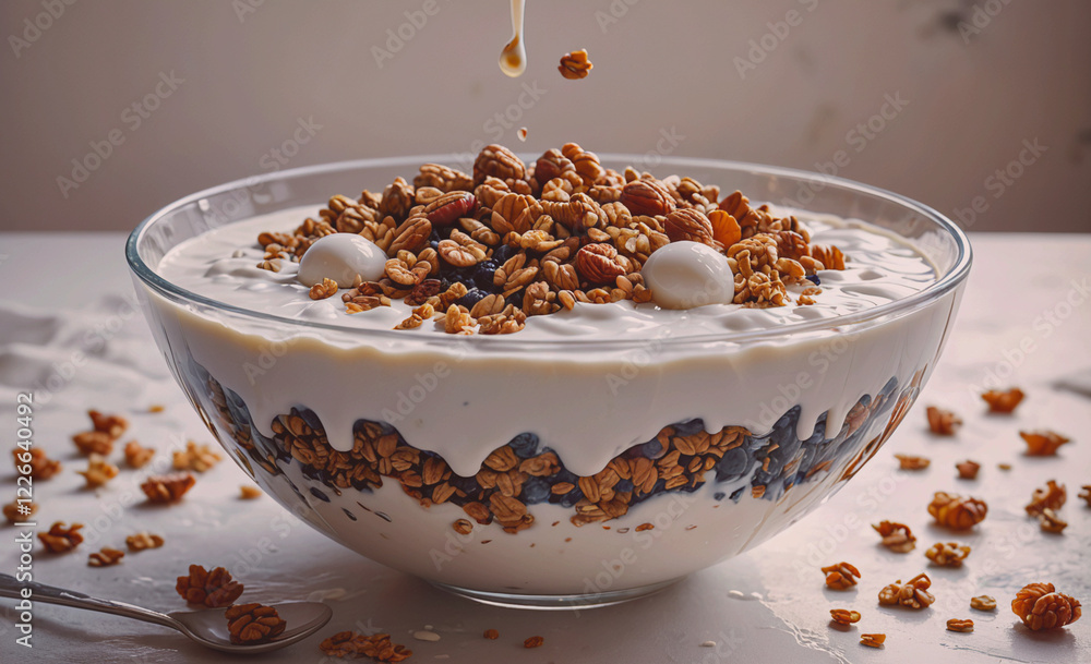 Poster a bowl of cereal with milk and nuts. the bowl is full and overflowing with cereal. the cereal is sca