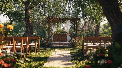 Spring Wedding Ceremony Settings in the Garden with Flowers and Decorations