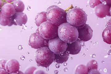 Fresh red grapes covered with water droplets on purple background