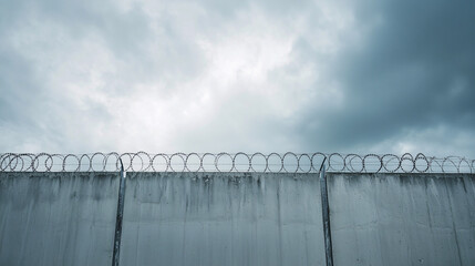 A high concrete security wall topped with barbed wire under a grey, overcast sky, evoking themes of restriction, surveillance, and control.  