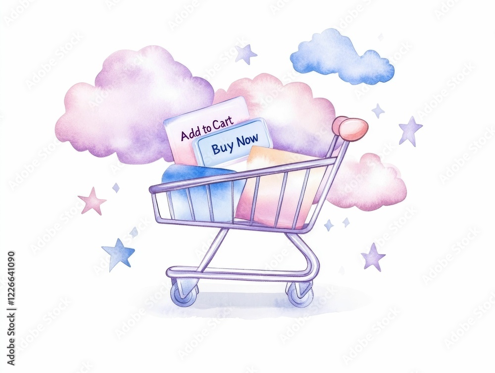 Poster enchanting watercolor style digital featuring a whimsical product page design with glowing add to ca