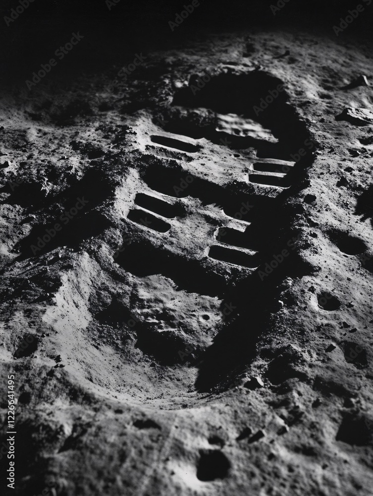 Poster first step on the moon surface showing a boot print in the grey lunar dust and rock