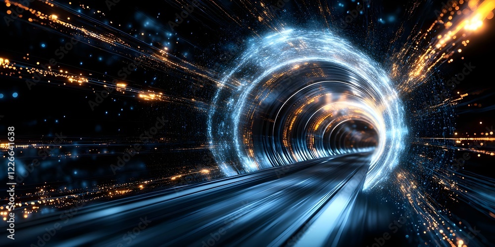 Poster a futuristic tunnel with glowing lights and particles, giving a sense of speed and motion through a 