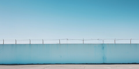 Fototapeta premium A stark white concrete wall topped with barbed wire against a clear blue sky. A minimalist yet powerful image of security and restriction. 