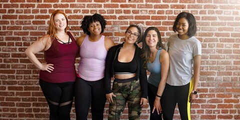 Group of diverse women in athletic wear smiling. Diverse women in active wear, posing together. Happy diverse women in fitness attire smiling and embracing together against brick wall. Fit women