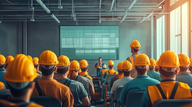 A construction safety training session with workers wearing helmets and safety gear, emphasizing the importance of workplace safety 