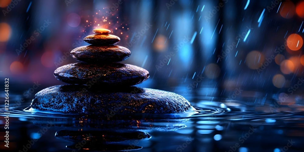 Poster a serene stack of smooth stones on water, illuminated by soft lights and surrounded by rain, creatin