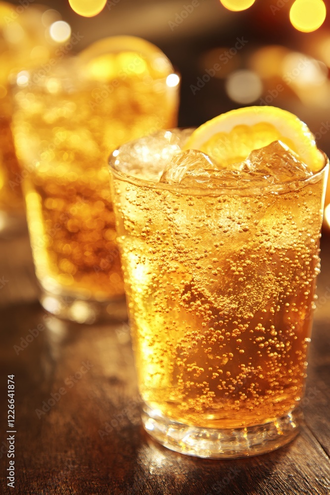 Poster refreshing golden drink with ice and orange slice on a wooden table with bokeh background