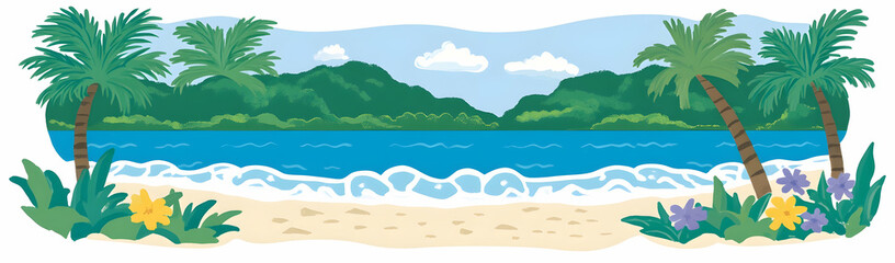 Tropical beach banner, island bay, palm trees