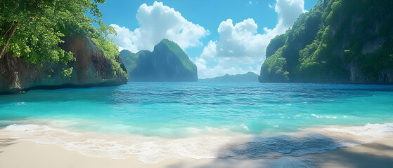 Fototapeta premium Tropical beach cove, turquoise water, sunny sky, postcard