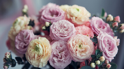  Bouquet of pale pink flowers with lavender hints, featuring soft ruffled petals and scattered green buds. Set against a creamy blurred background, the dreamy pastel palette evokes calmness