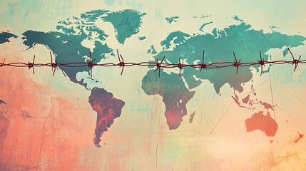 A minimalist world map with a horizontal line of barbed wire cutting through it, symbolizing global borders, division, and restriction.  