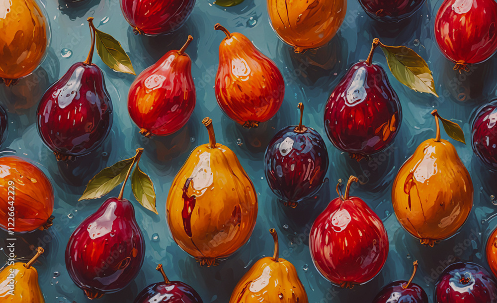 Poster a painting of many different colored pears and apples. the pears are red and the apples are green