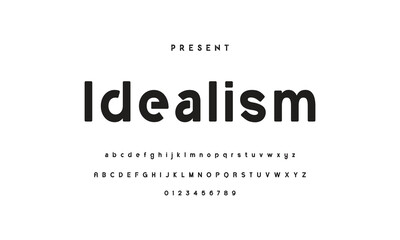 Modern serif alphabet design with uppercase, lowercase, numbers and symbol