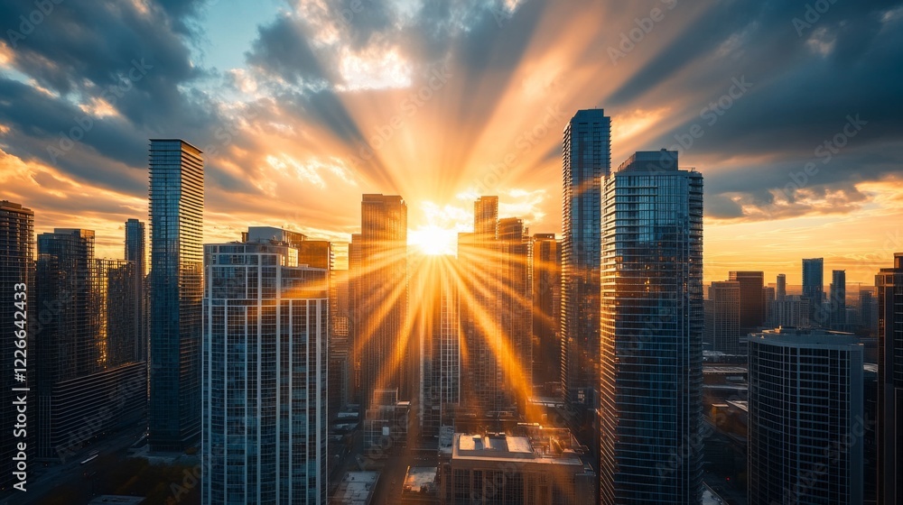 Poster Detailed shot of the sun setting behind a cluster of high-rise buildings, with the suns rays spilling between the structures and creating a beautiful cityscape.
