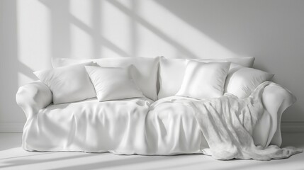 Single white sofa with pillows and blanket against blank wall with copy space. Minimalist home interior design of modern living room.