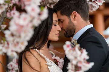 Peach Blossom Day.Romantic couple embracing under cherry blossoms, surrounded by love and tranquility.