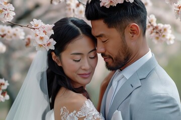 Peach Blossom Day.Romantic couple embracing under cherry blossoms, surrounded by love and tranquility.