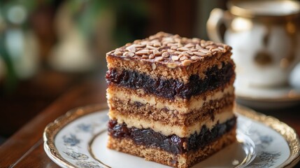 Layered almond and prune cake served on an elegant plate in a cozy setting