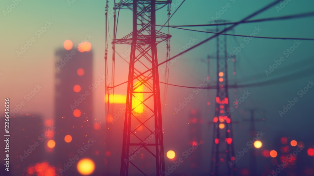 Poster detailed view of an electricity transmission tower at dusk, with power lines illuminated by the sett