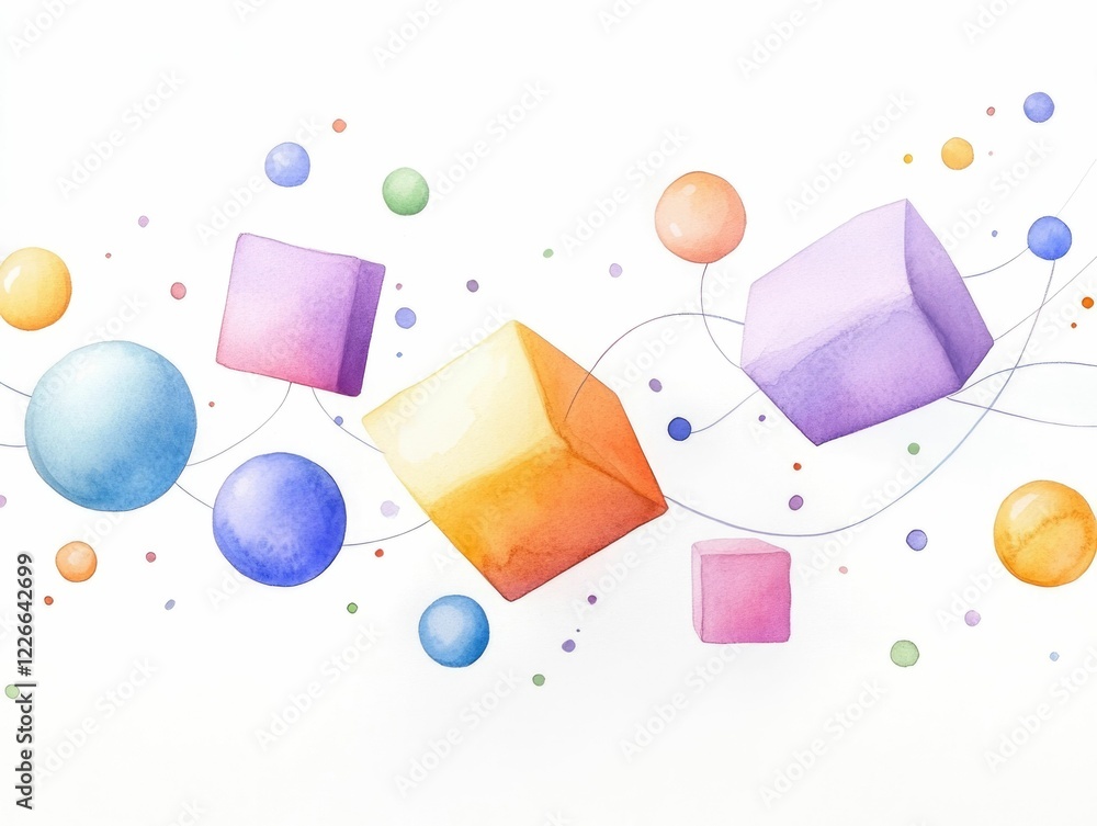 Poster vibrant watercolor abstract design featuring a whimsical composition of floating cubes spheres and o