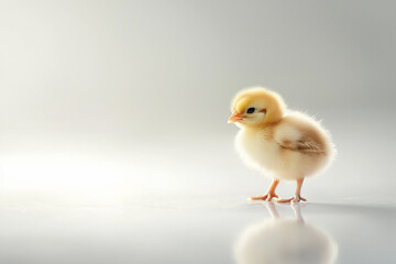 Fototapeta premium A cute, fluffy chick stands alone on a reflective surface, softly lit, evoking feelings of warmth and innocence