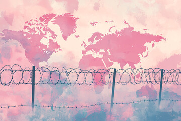 A soft pink world map fades into the background while a barbed wire fence in the foreground symbolizes division and restriction.  
