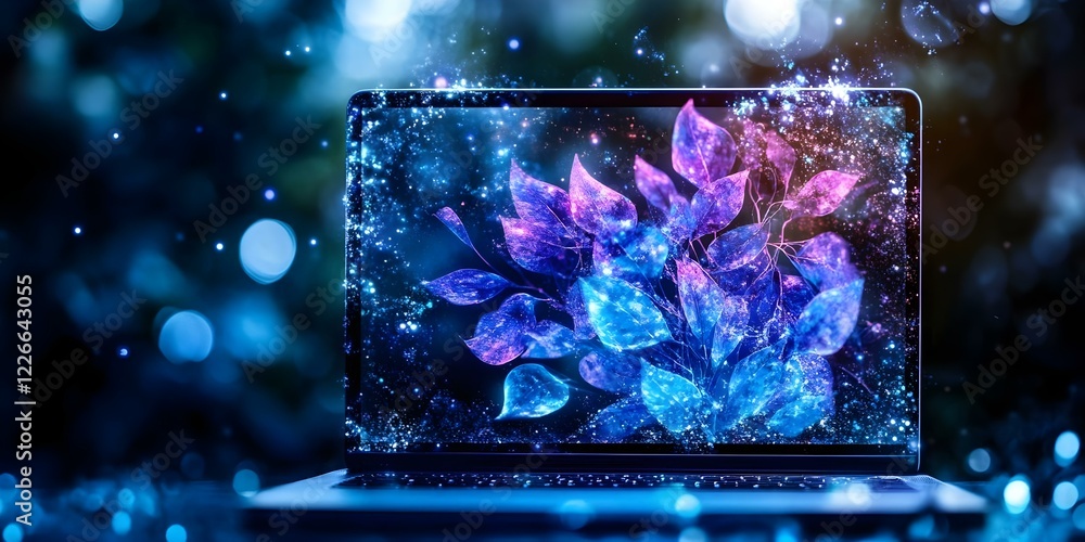 Poster a laptop displaying a colorful, glowing design of leaves and abstract patterns, set against a dreamy