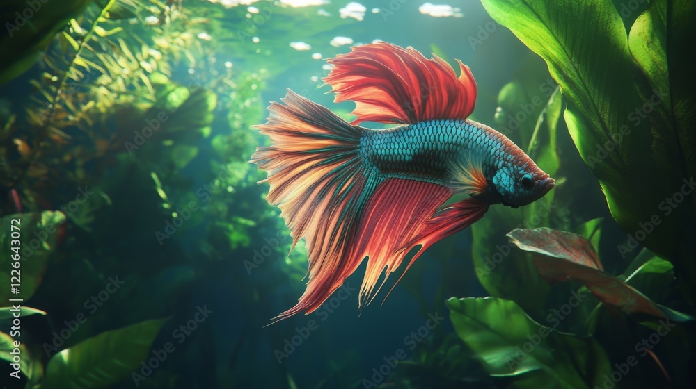 Poster detailed view of a majestic betta fish with a full display of its colorful fins and dynamic posture,