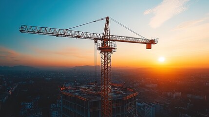 A construction crane silhouetted against a sunset, symbolizing the hard work and dedication of the industry, dramatic and inspiring 