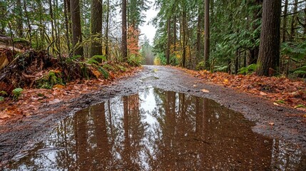 Obraz premium Autumn Forest Puddle Reflections