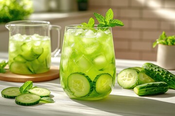 Refreshing cucumber and mint infused water with ice in a glass