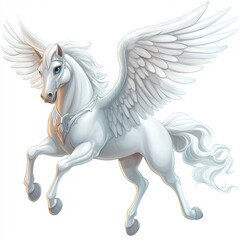 majestic winged horse with flowing mane and bright blue eyes, soaring gracefully