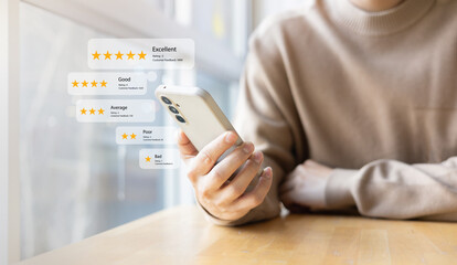 close up young man and hold smartphone and read review online website page about service and...