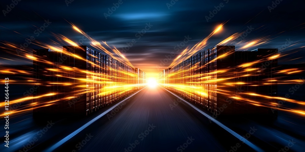 Poster a futuristic scene depicting two rows of containers or cargo boxes, with bright light and motion blu
