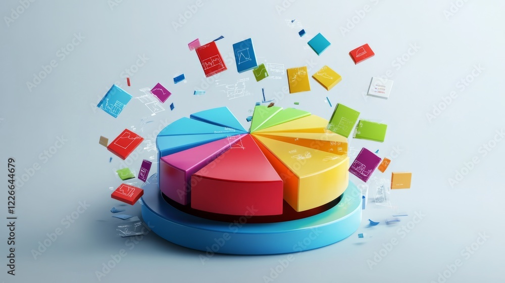 Poster exploded d pie chart with each segment hovering separately, surrounded by digital data icons