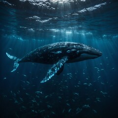 Fototapeta premium A glowing whale swimming through a bioluminescent ocean.