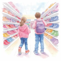 Children Exploring a Vibrant Watercolor Shoe Store Surrounded by Glowing Footwear Displays and Cheerful Hues  Conceptual Capturing the Joy and Wonder of Shopping for Shoes