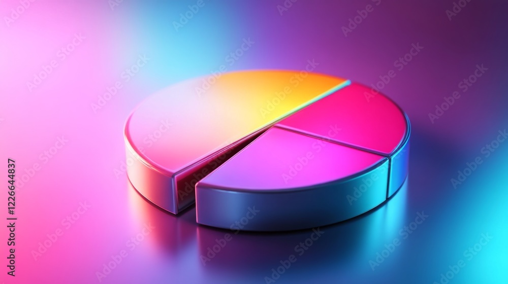 Poster floating d pie chart with glossy, gradient-colored segments, and light reflections, futuristic desig