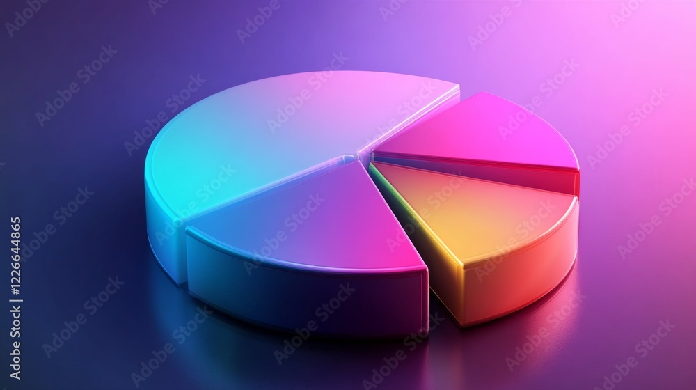 Poster floating d pie chart with glossy, gradient-colored segments, and light reflections, futuristic desig