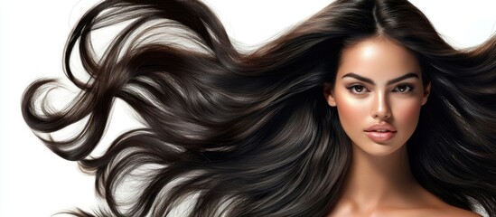 Obraz premium Lush dark brown hair flowing elegantly around a young woman's face, featuring soft skin tones and a clean white background for striking contrast.