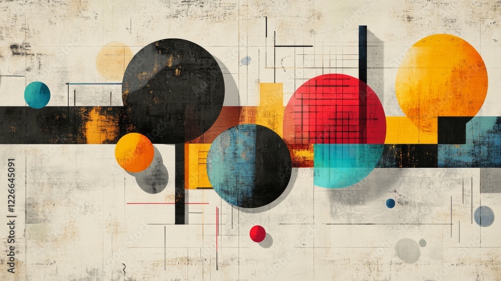 Poster geometric shapes in various sizes and colors floating on a textured background, modern and stylish