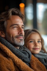 Warm winter afternoon spent by the window with a father and daughter in cozy blankets enjoying each other's company