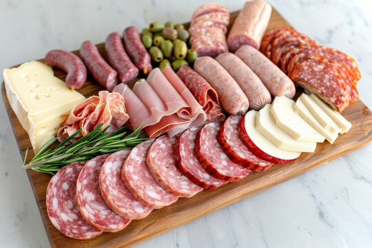 National Cold Cuts Day. Gourmet wooden charcuterie board with assorted meats, cheeses, olives, and herbs.