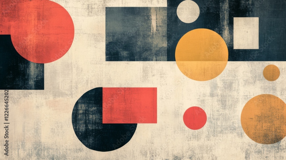 Poster geometric shapes in various sizes and colors floating on a textured background, modern and stylish