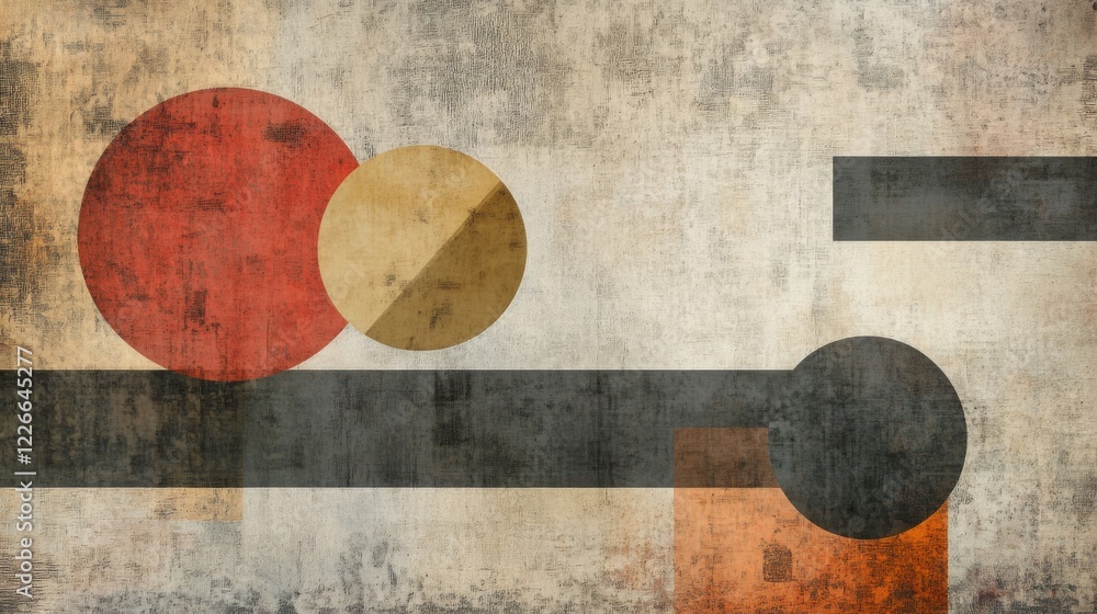 Poster geometric shapes in various sizes and colors floating on a textured background, modern and stylish