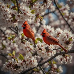 A bright red cardinal sitting on a blossoming cherry tree.