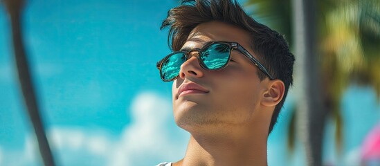 Stylish young man in sunglasses exuding confidence against a bright blue sky with palm trees in the background showcasing a vibrant outdoor setting