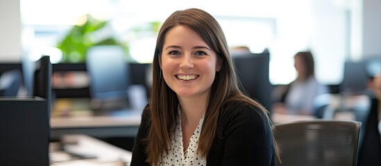 Smiling female recruitment consultant with long brown hair in a bright office, seated at a desk, engaging with candidates, green plant in background.
