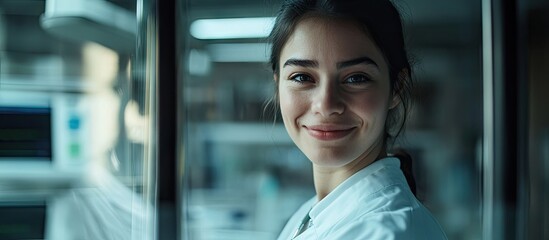 Fototapeta premium Smiling female lab technician in a white coat, with a blue background, positioned in a well-lit laboratory, showcasing a friendly and professional demeanor.
